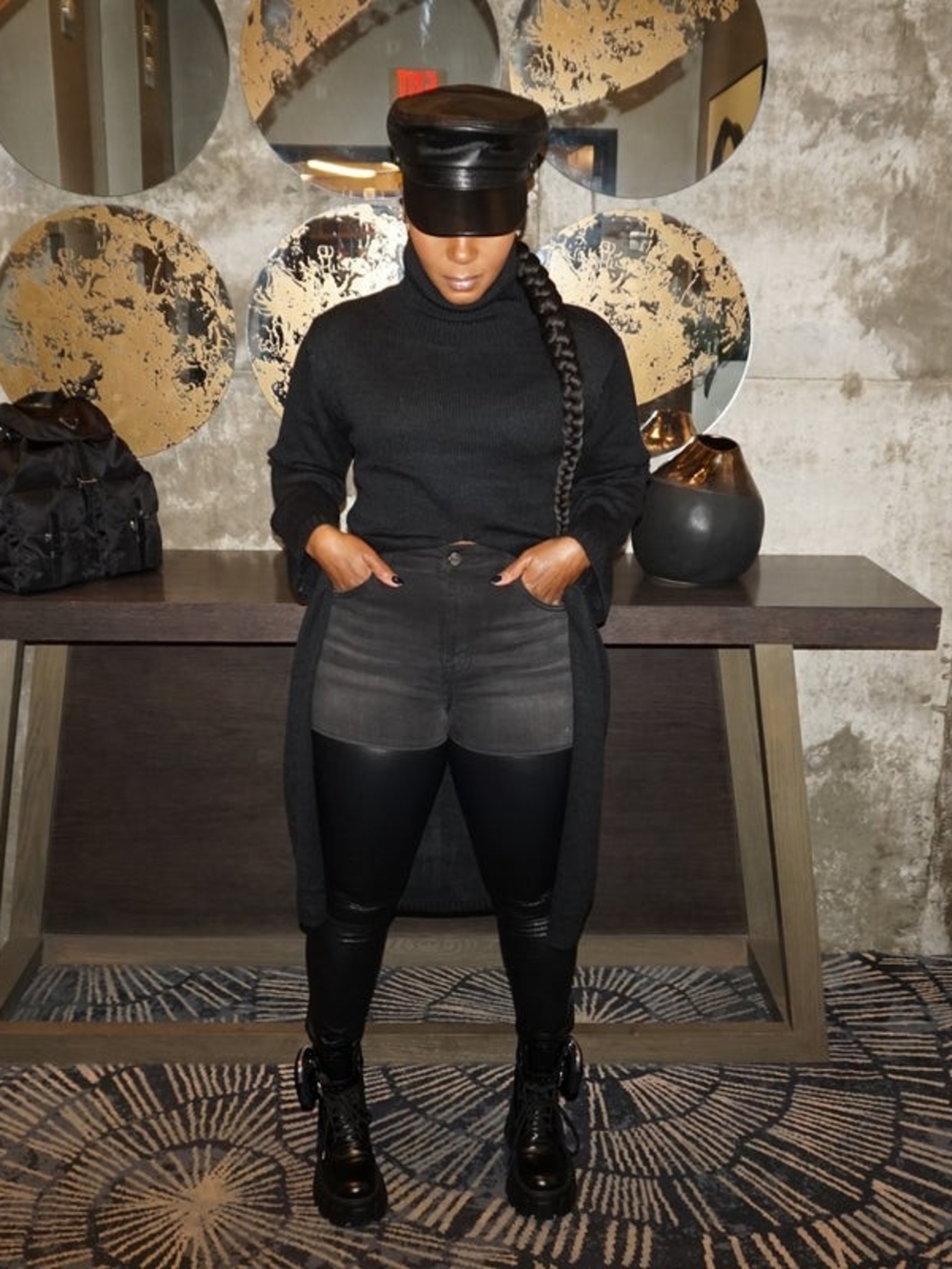 All-Black High-Waist Jeans with Layered Leather Leggings
